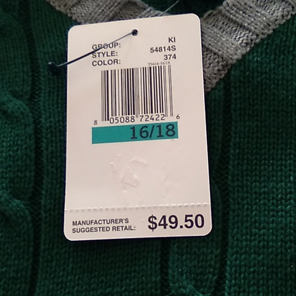 Handsome NWT Boy's 16/18 Nautica beautiful deep green sweater/gray trim - Picture 9 of 9